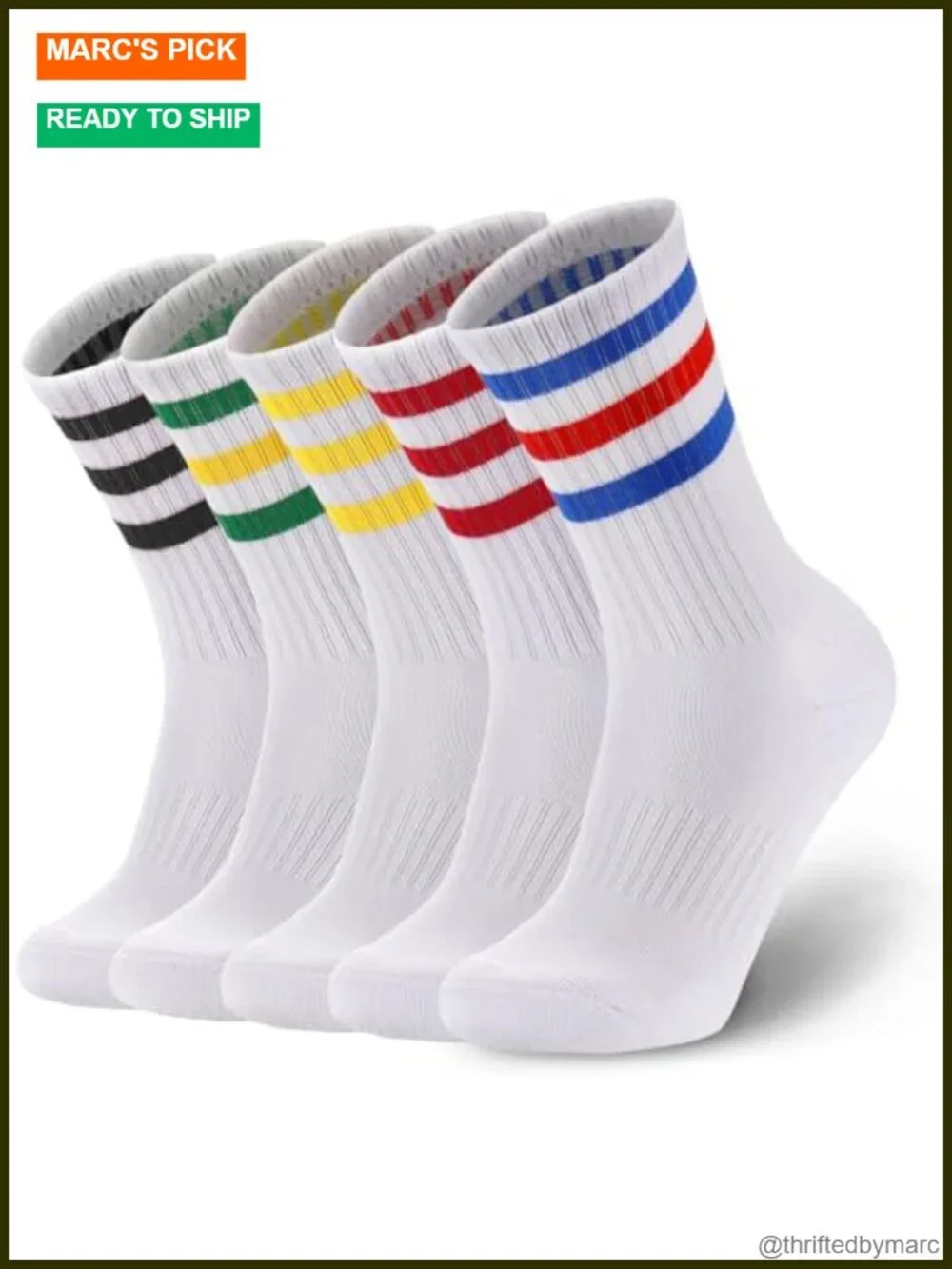 5 Pairs Striped Crew Socks Cotton Cushioned Athletic Running Socks for Men